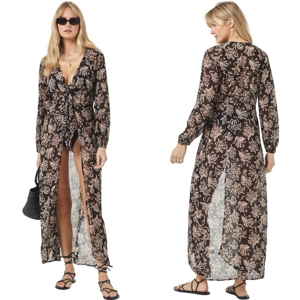 l*space Brown Sheer Floral Tie-Front Swim Coverup